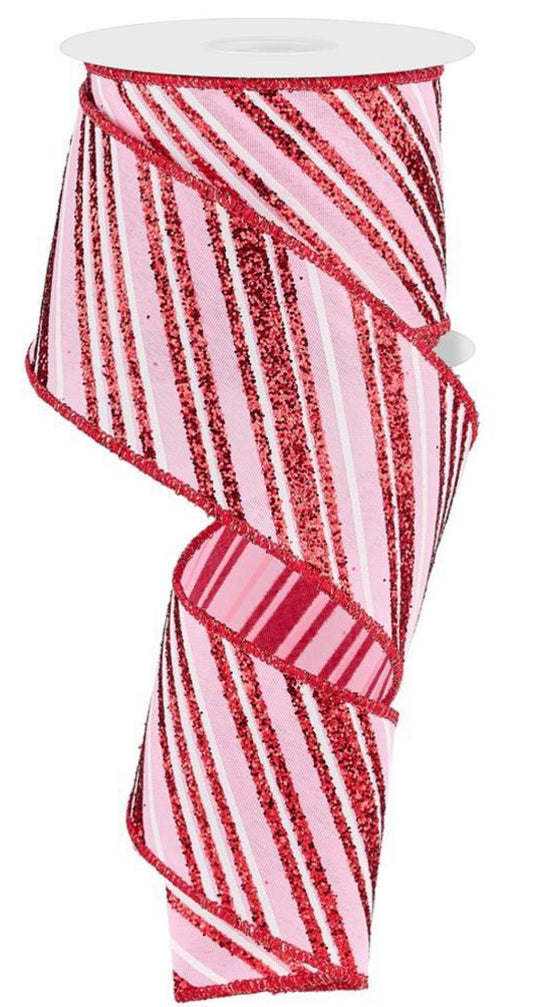 10 Yards - 2.5" Wired Pink, White, and Red Glitter Swirl Stripe Ribbon