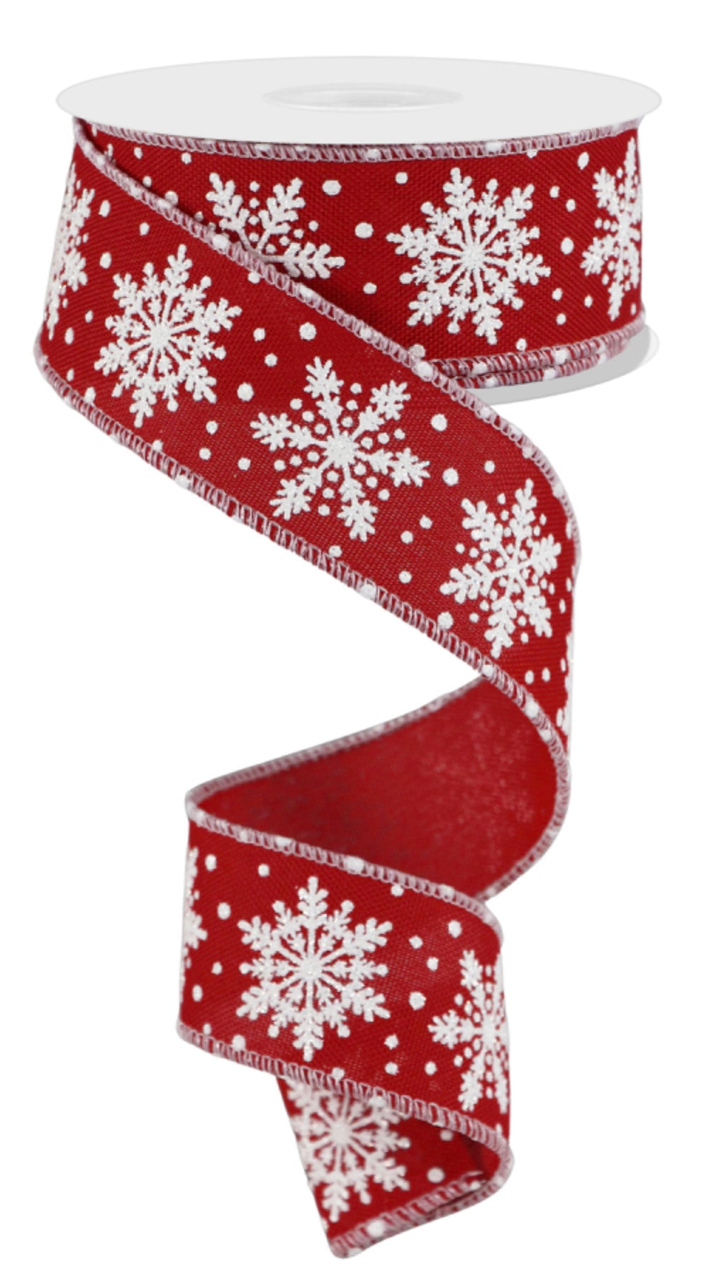 10 Yards - 1.5” Wired Red Glitter Snowflake Ribbon