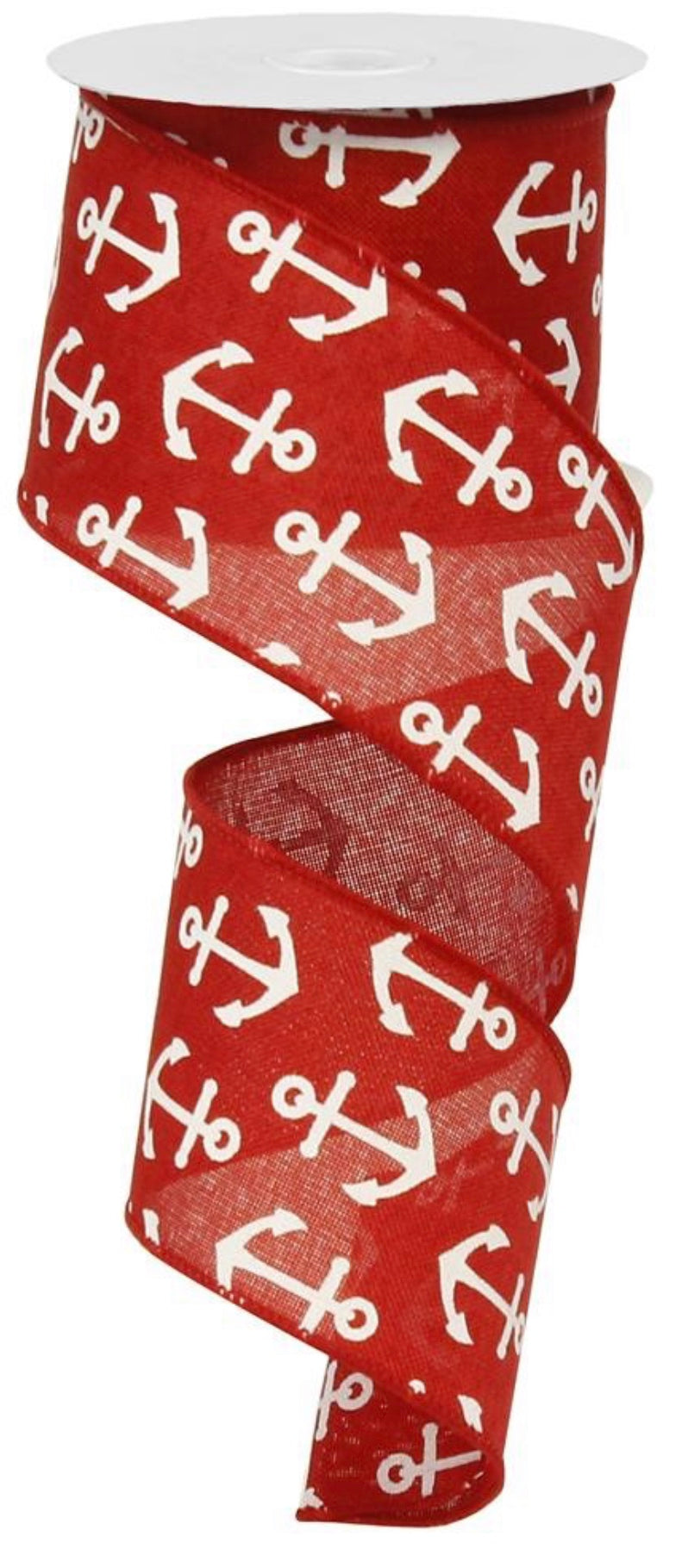 10 Yards - 2.5” Red Background with White Anchors Beach Ribbon