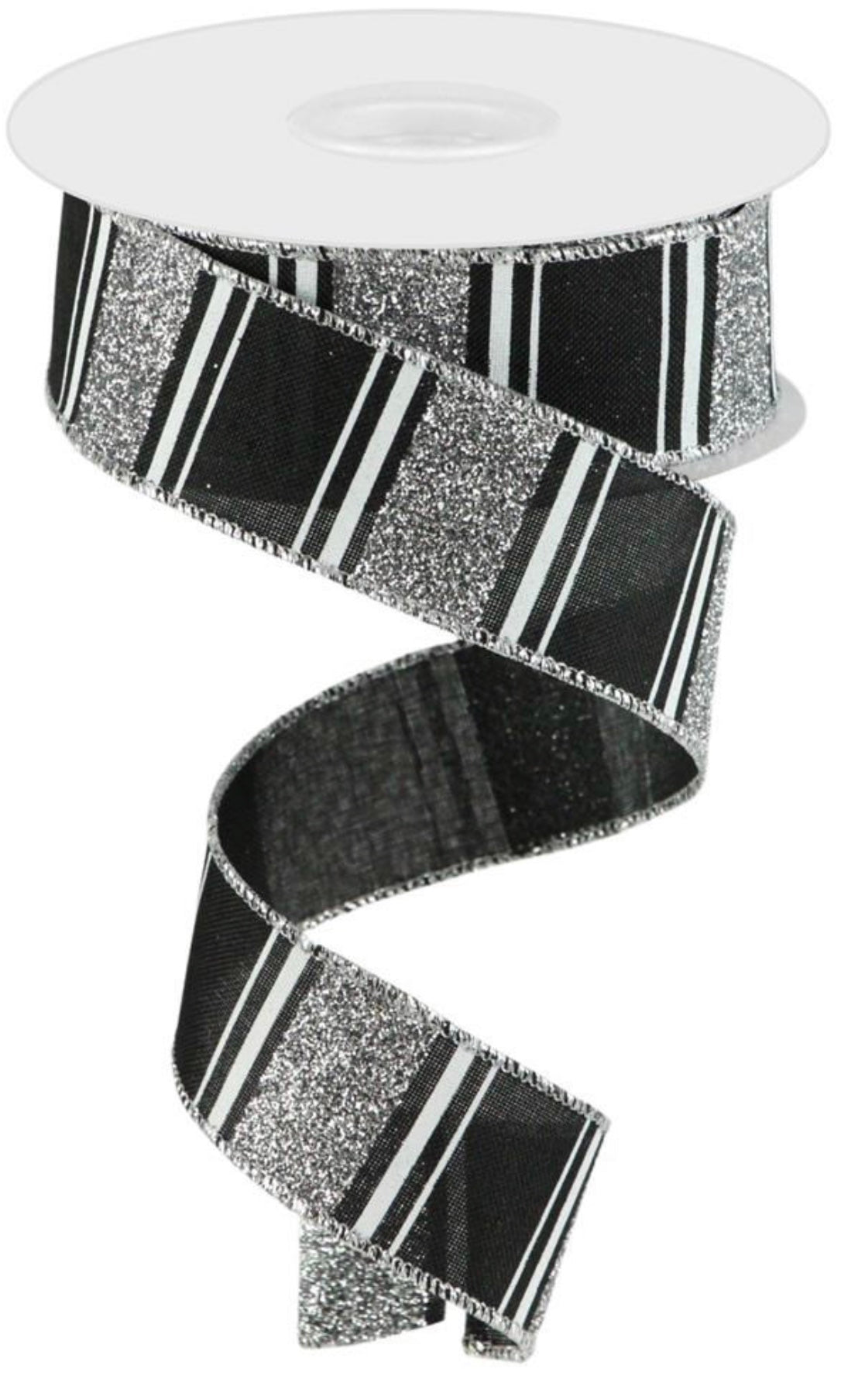 10 Yards - 1.5" Wired Black, White, and Silver Glitter Stripe Ribbon