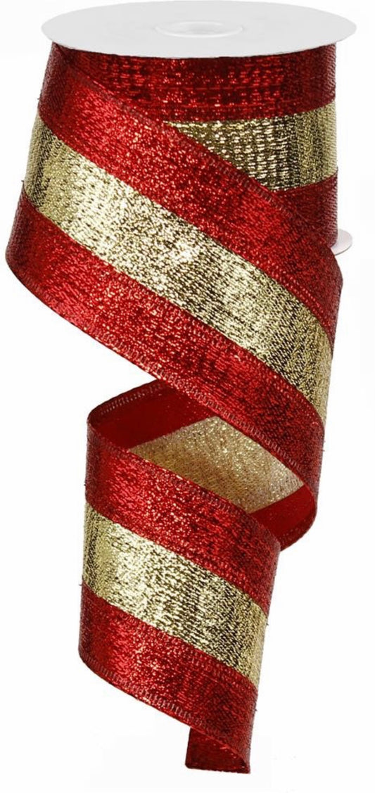 10 Yards - 2.5” Wired Burgundy and Gold Metallic Stripe Ribbon