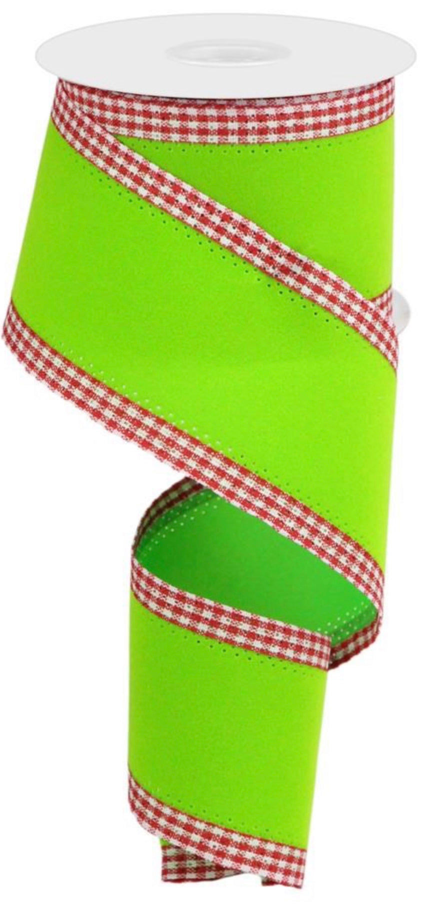 10 Yards - 2.5” Lime Green Velvet Christmas Ribbon with Red and White Gingham Edge