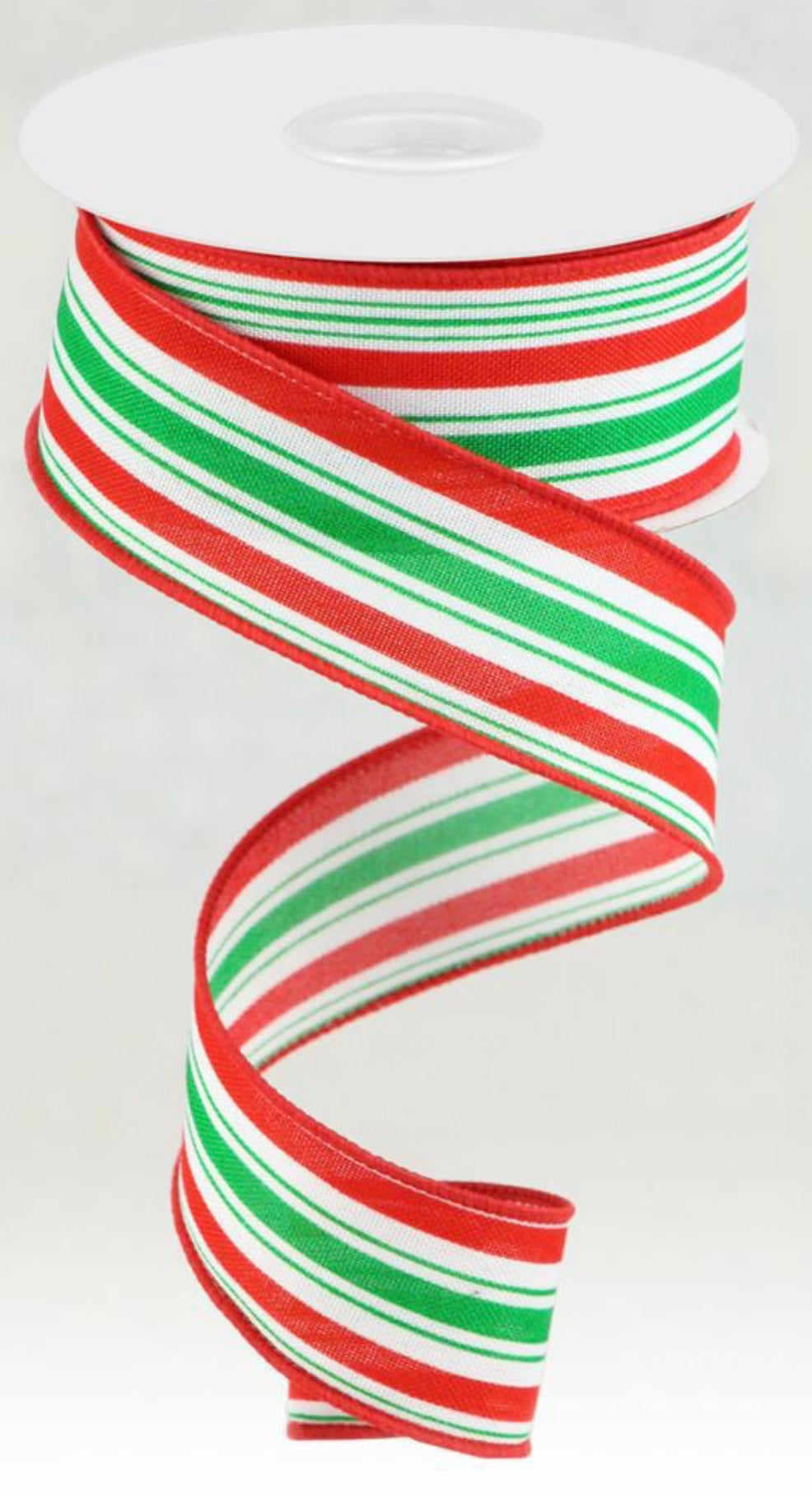 10 Yards - 1.5” Wired Red, Green, and White Christmas Stripe Ribbon