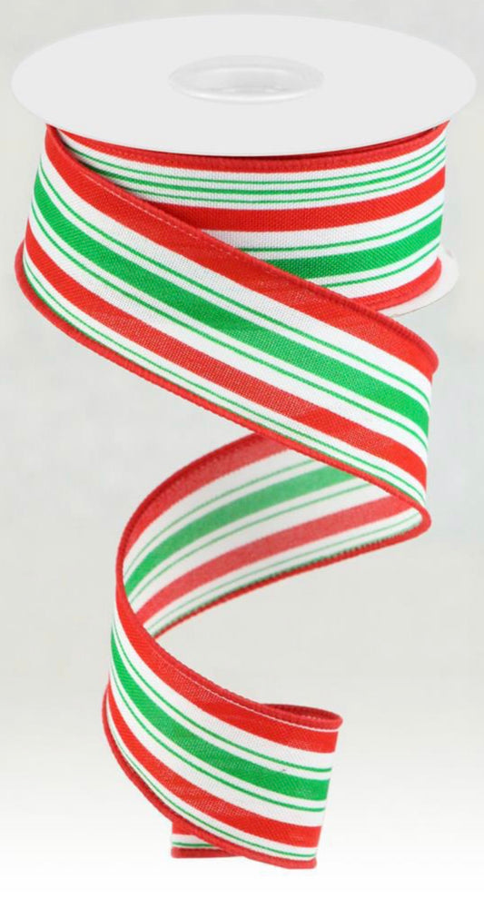 10 Yards - 1.5” Wired Red, Green, and White Christmas Stripe Ribbon