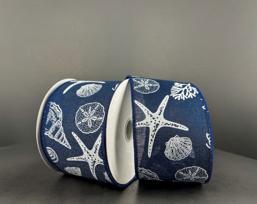 10 Yards - 2.5" Wired Navy Blue and White Seashell Beach Ribbon