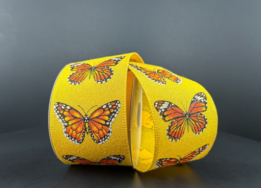 10 Yards - 2.5" Wired Yellow Background Monarch Butterfly Ribbon