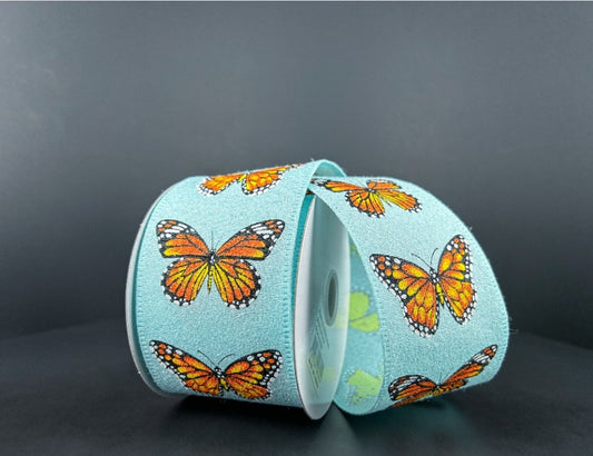 10 Yards - 2.5" Wired Blue Background Monarch Butterfly Ribbon