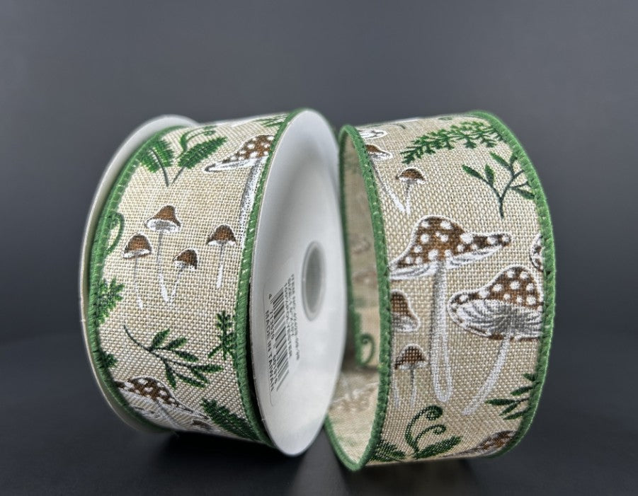 10 Yards - 1.5" Wired Natural Background Wild Mushrooms with Greenery Ribbon