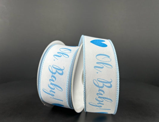 10 Yards - 1.5" Wired Blue and White Oh, Baby Ribbon - Baby Boy Ribbon