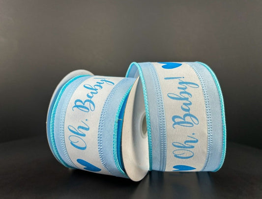 10 Yards - 2.5” Wired Blue and White Oh, Baby Ribbon - Baby Boy Ribbon