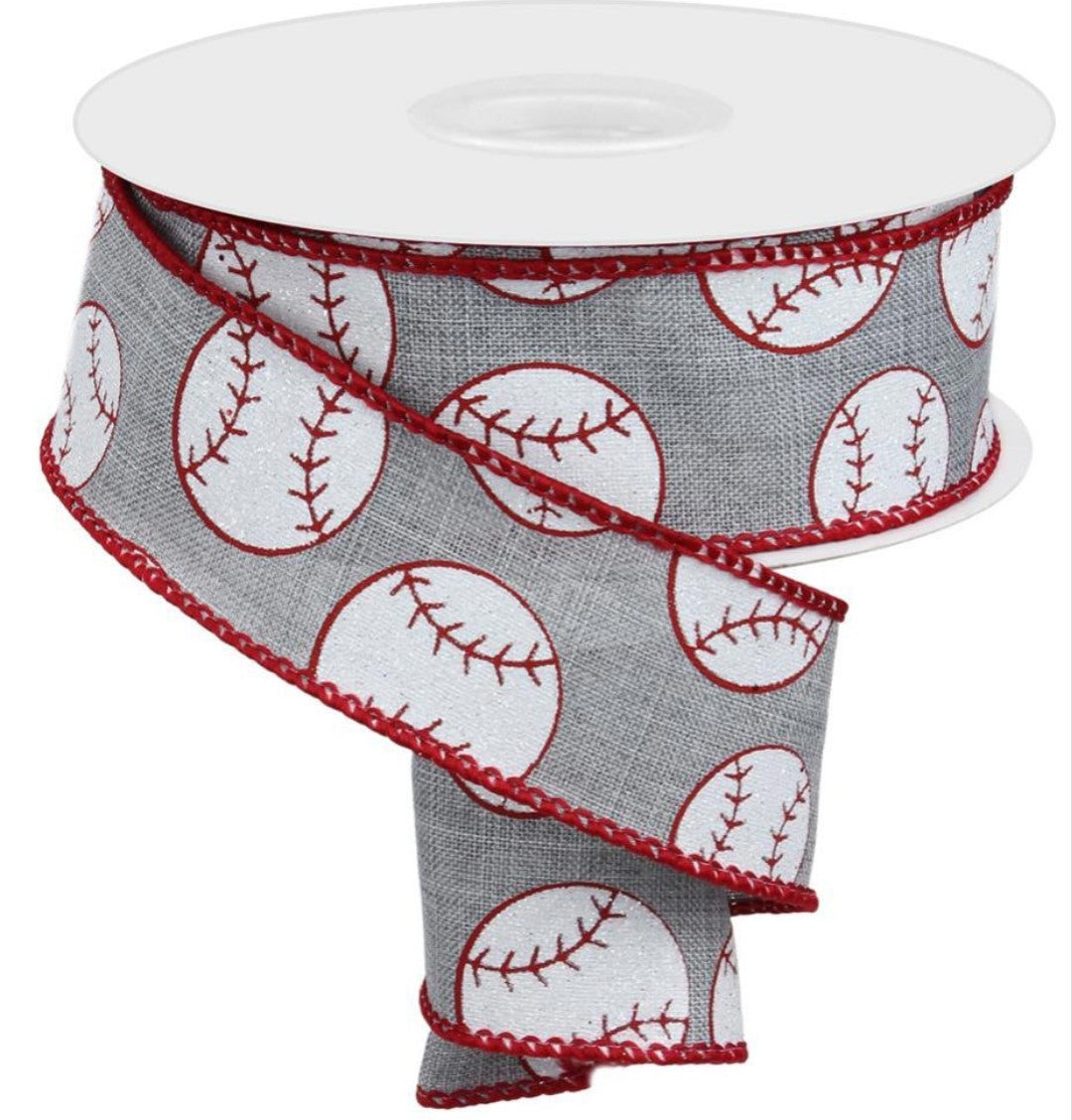 10 Yards - 1.5" Wired Gray Background Baseball Ribbon with Glitter Accent