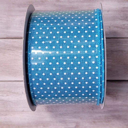 10 Yards - 2.5" Wired Blue and White Swiss Dot Ribbon