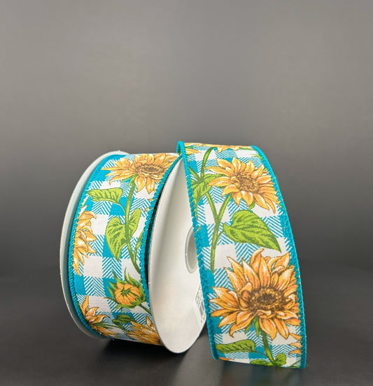 10 Yards - 1.5" Wired Blue and White Check Background Sunflower Ribbon