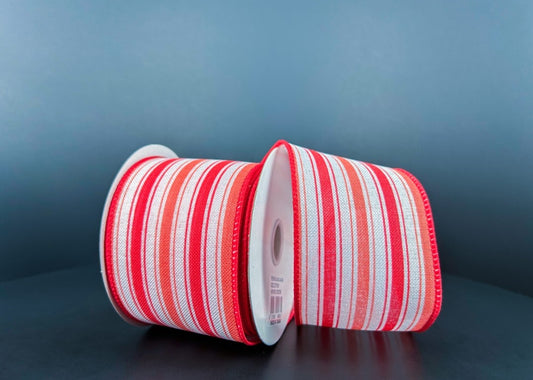 10 Yards - 2.5" Wired Salmon, Coral, and White Stripe Ribbon