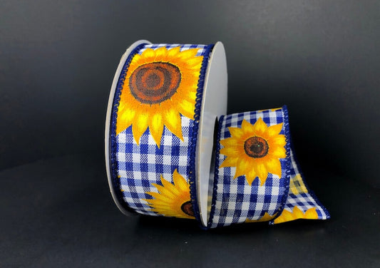 10 Yards - 1.5" Wired Blue and White Gingham Check Background Sunflower Ribbon