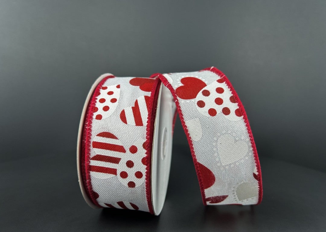 10 Yards - 1.5" Wired White Background Valentines Day Heart Ribbon