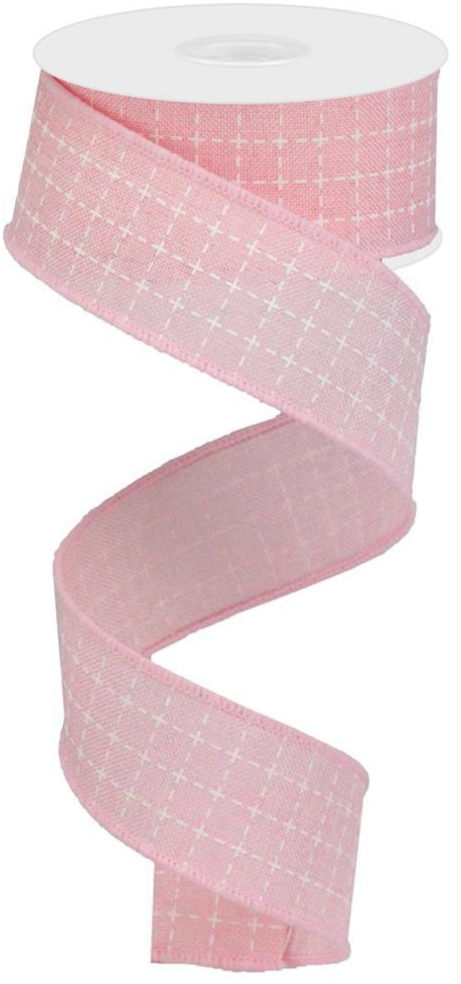 10 Yards - 1.5" Wired Light Pink and White Faux Stitched Check Ribbon