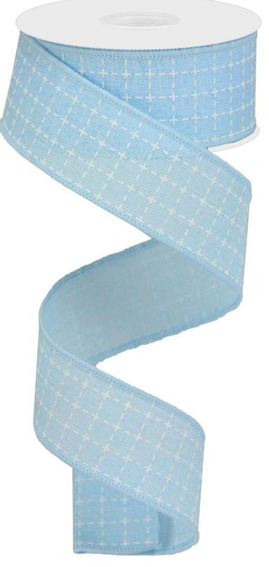 10 Yards - 1.5" Wired Light Blue and White Faux Stitched Check Ribbon