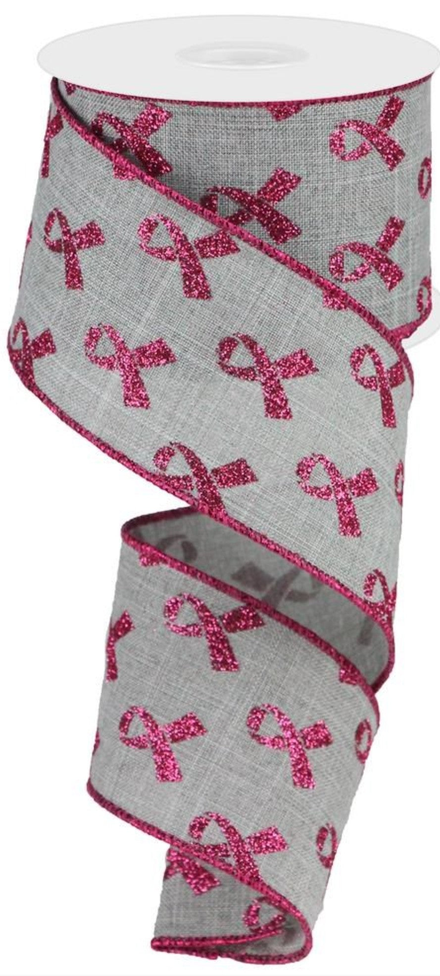 10 Yards - 2.5" Wired Gray Background Breast Cancer Awareness Ribbon with Glitter Accent