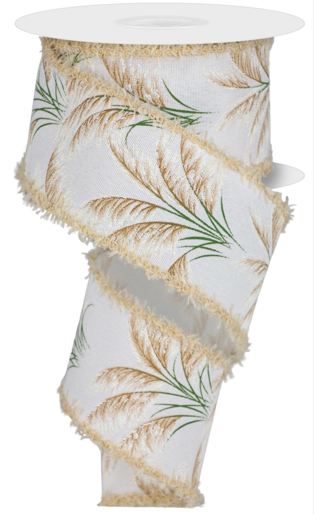 10 Yards - 2.5" Wired Cream Background Pampas Grass Ribbon with Drift Edge