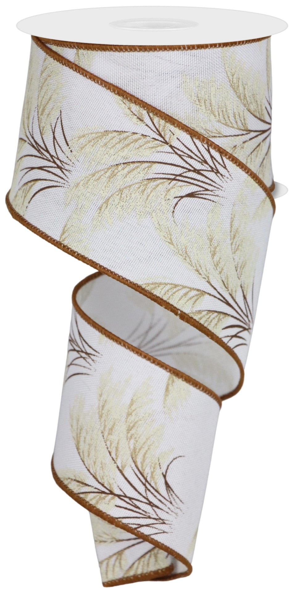 10 Yards - 2.5" Wired Cream Background Pampas Grass Ribbon