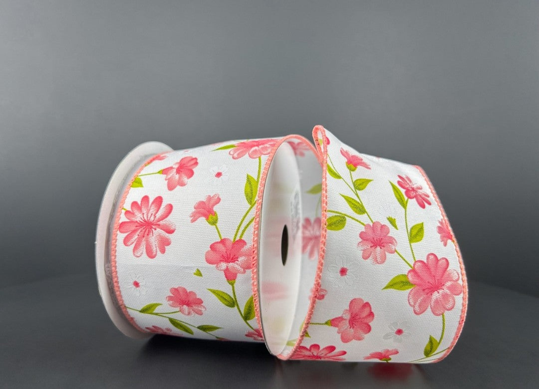 10 Yards - 2.5" Wired White Background Peach Floral Ribbon