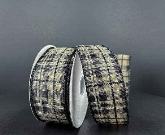 10 Yards - 1.5" Wired Black and Tan Check Ribbon