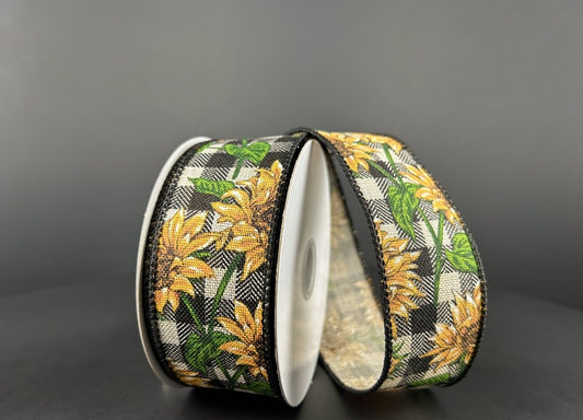 10 Yards - 1.5" Wired Black and Cream Check Background Sunflower Ribbon