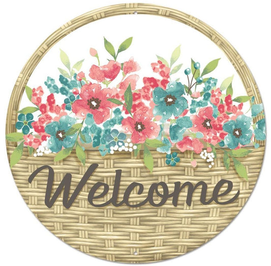 12" Round Metal Welcome Floral Basket Sign