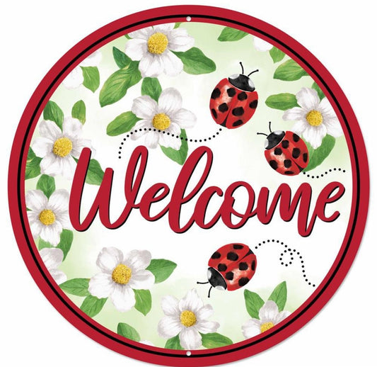 12" Round Metal Welcome Ladybug Wreath Sign