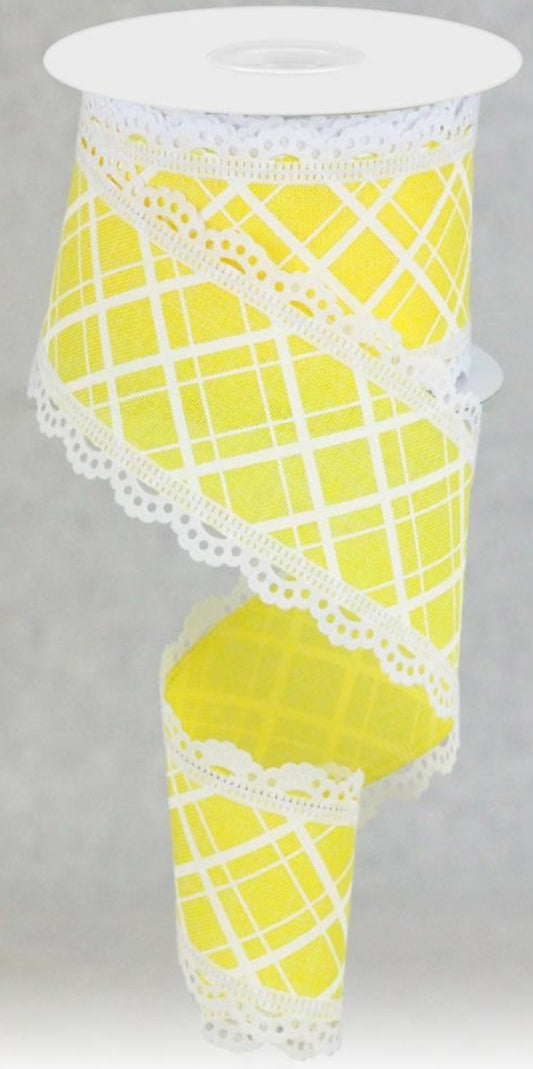 10 Yards - 2.5" Wired Yellow and White Cross Plaid Ribbon with Lace Edge