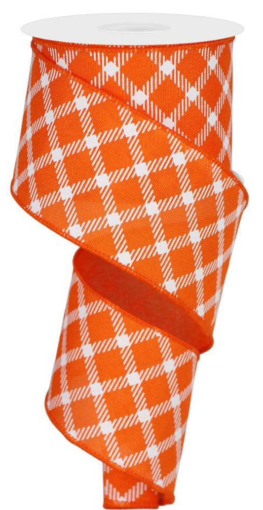 10 Yards - 2.5" Wired Orange and White Cross Plaid Ribbon