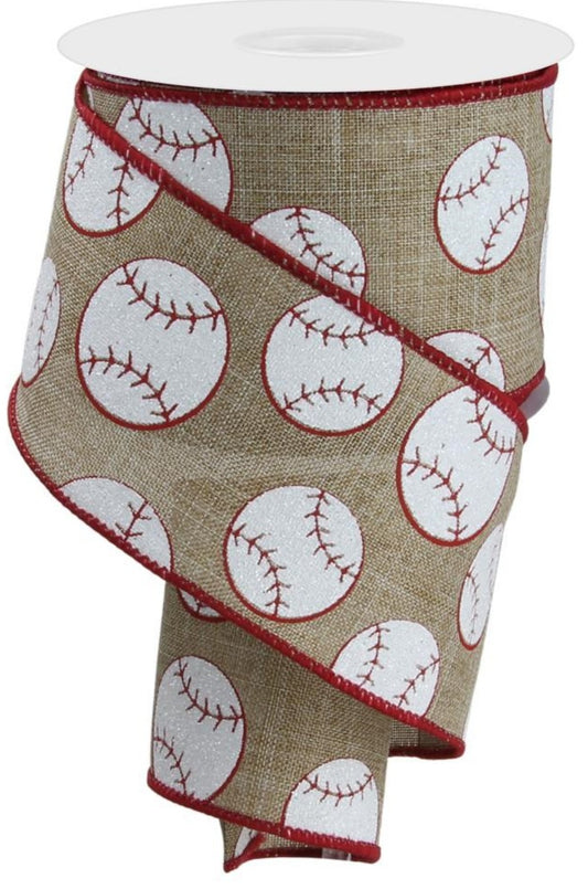 10 Yards - 1.5" Wired Natural Background Baseball Ribbon with Glitter Accent