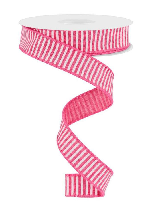 10 Yards - 7/8" Wired Fuschia Pink and White Stripe Ribbon