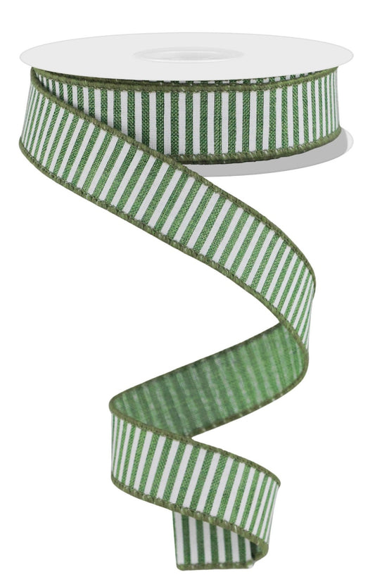 10 Yards - 7/8" Wired Moss Green and White Stripe Ribbon