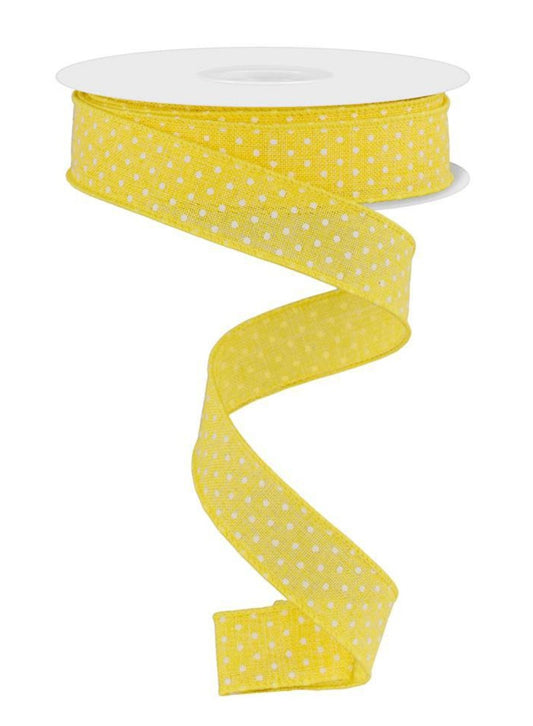 10 Yards - 7/8" Wired Yellow and White Swiss Dot Ribbon