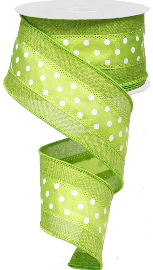 10 Yards - 2.5" Wired Lime Green Dotted Center Ribbon