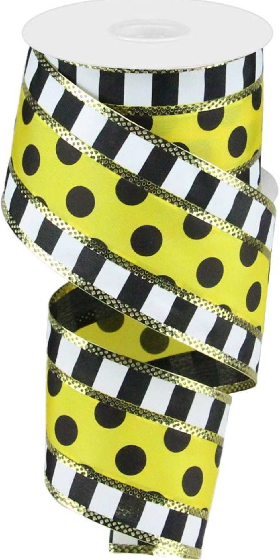 10 Yards - 2.5" Wired Yellow, Black, and White Dotted Stripe Ribbon with Gold Stripe Accent