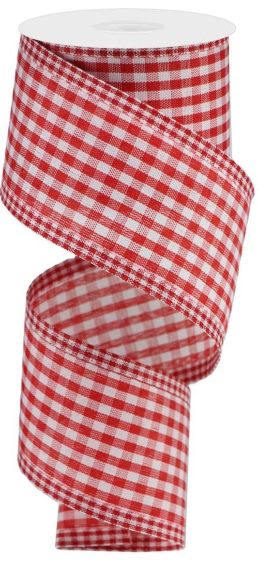 10 Yards - 2.5" Wired Red and White Gingham Check Ribbon with Gingham Edging