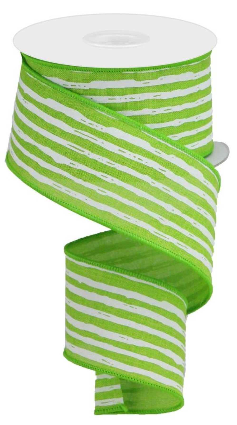 10 Yards - 2.5" Wired Lime Green and White Stripe Ribbon