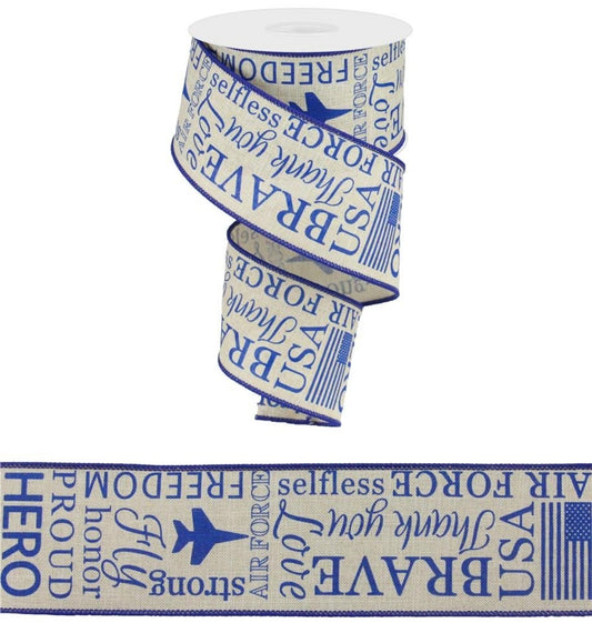 10 Yards - 2.5" Wired Natural Background and Blue Air Force Ribbon