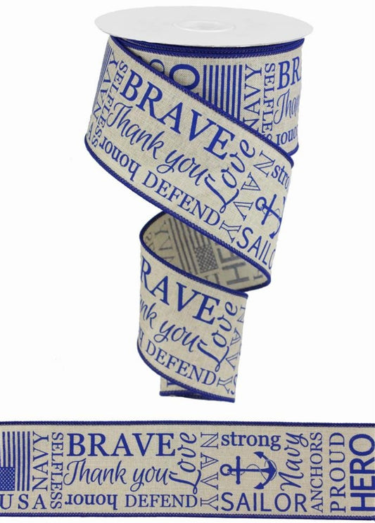 10 Yards - 2.5" Wired Natural Background Navy Ribbon