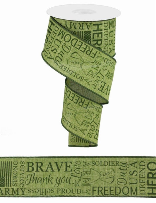 10 Yards - 2.5" Wired Green Army Ribbon