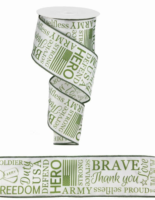 10 Yards - 2.5" Wired Green and White Satin Army Ribbon