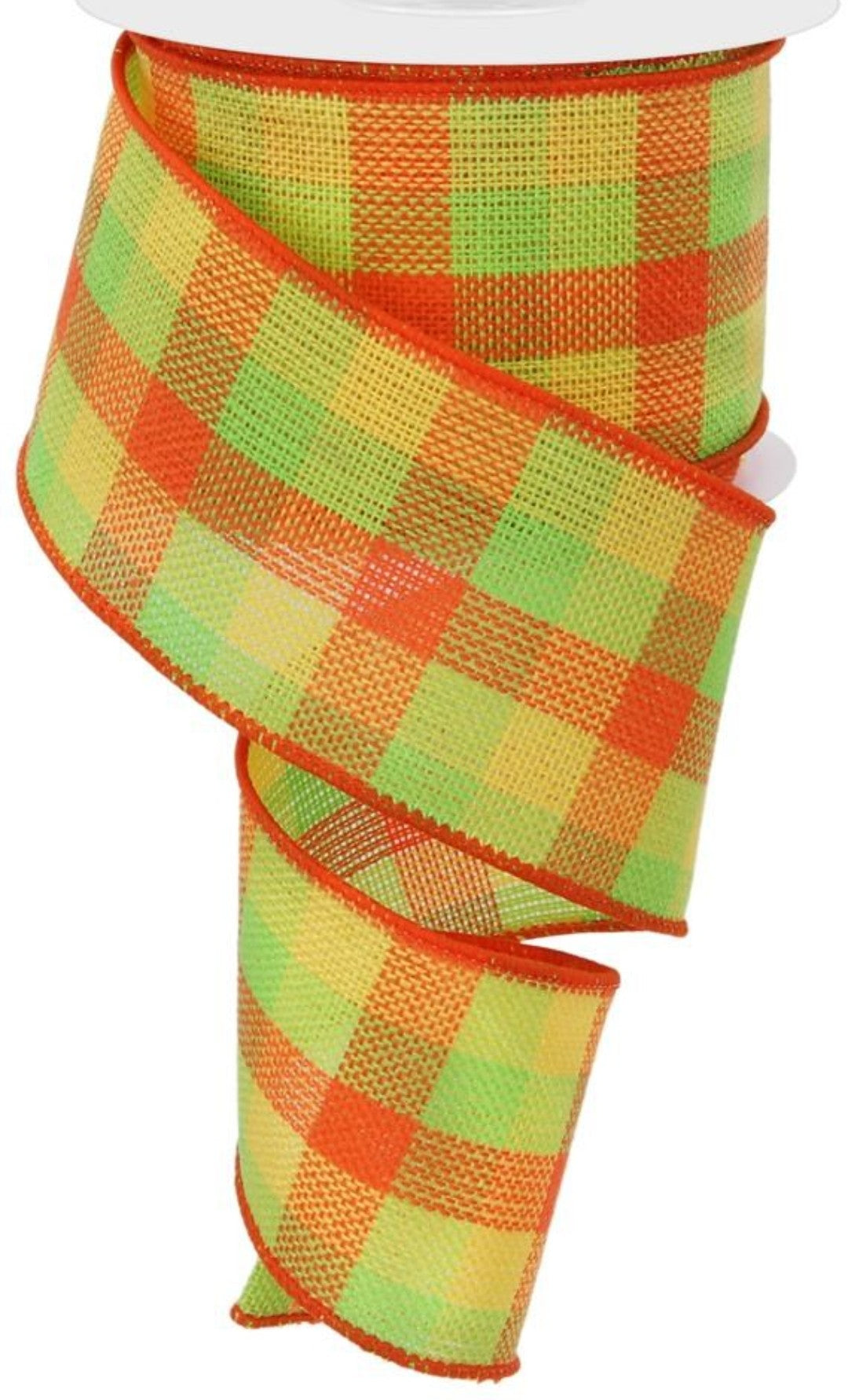 10 Yards - 2.5" Wired Orange, Yellow, and Lime Green Check Fall Ribbon