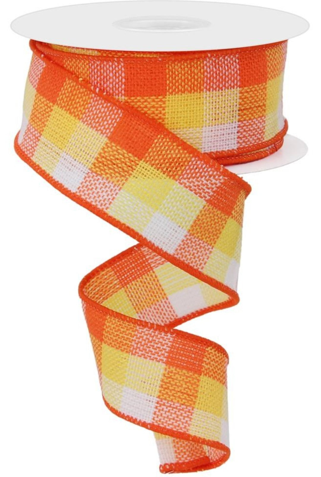 10 Yards - 1.5" Wired Orange, Yellow, and White Check Fall Ribbon