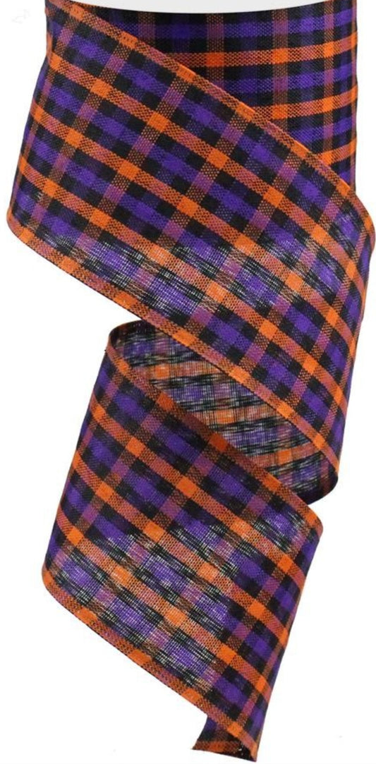 10 Yards - 2.5" Wired Orange, Purple, and Black Gingham Check Ribbon