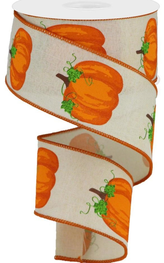 10 Yards - 2.5" Wired Cream Background Fall Pumpkin Ribbon