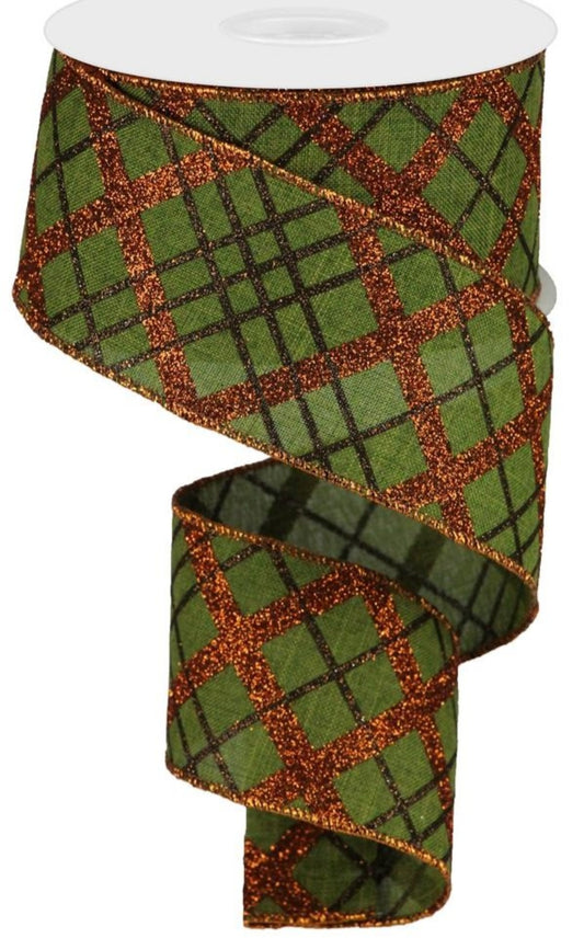 10 Yards - 2.5" Wired Olive Green with Brown Glitter and Orange Glitter Cross Check Fall Ribbon