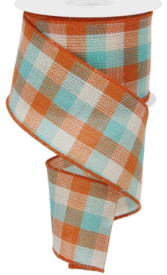 10 Yards - 2.5" Wired Orange, Cream, and Turquoise Check Ribbon